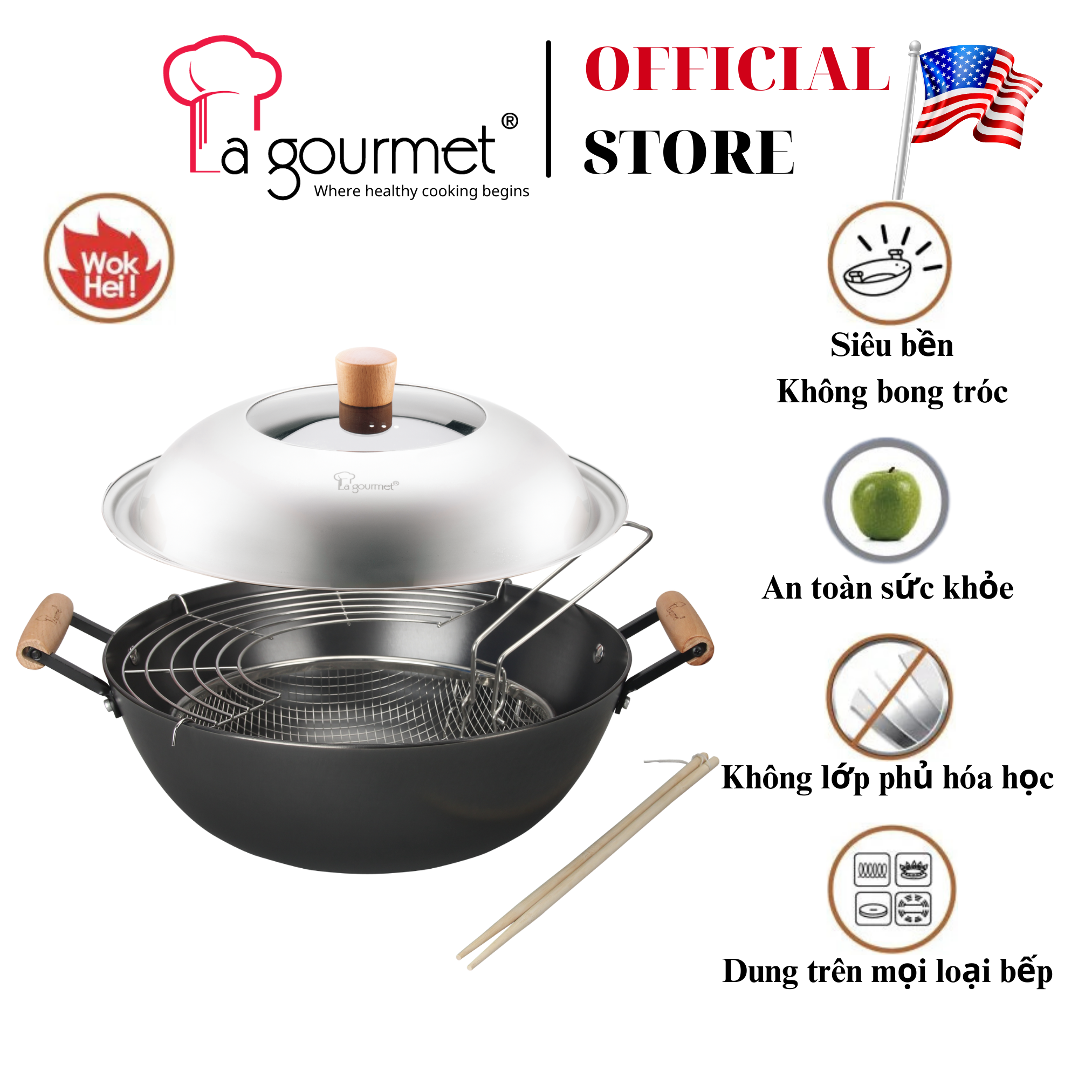 Chảo gang đúc công nghệ mới La gourmet Nitrigan™ 34cm lòng sâu 7L - 400543 (tốt cho sức khỏe, siêu bền)