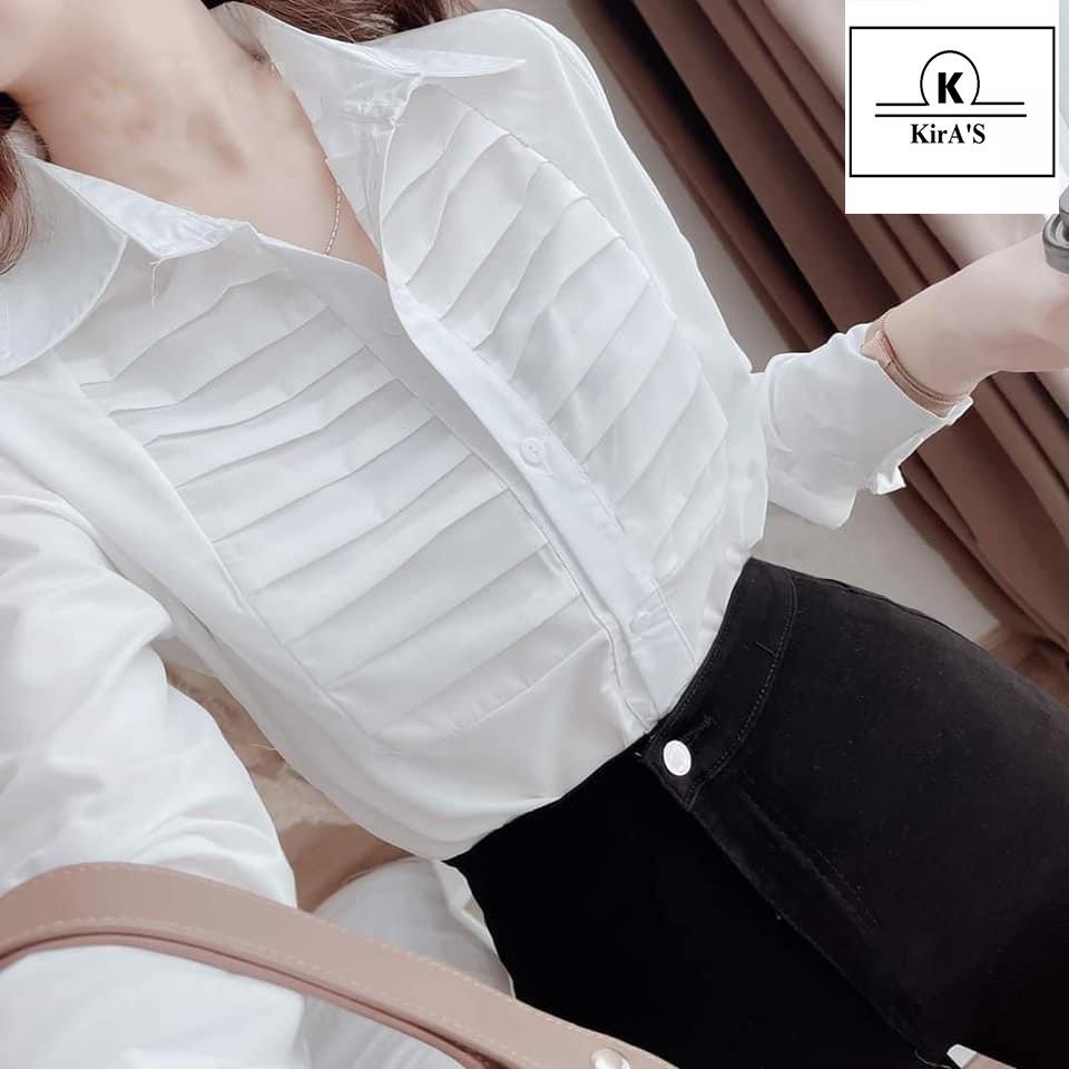 Áo sơ mi nữ trắng dài tay , chất lụa mềm mịn , thiết kế xếp li nhiều lớp ở phần ngực cực xinh AM11