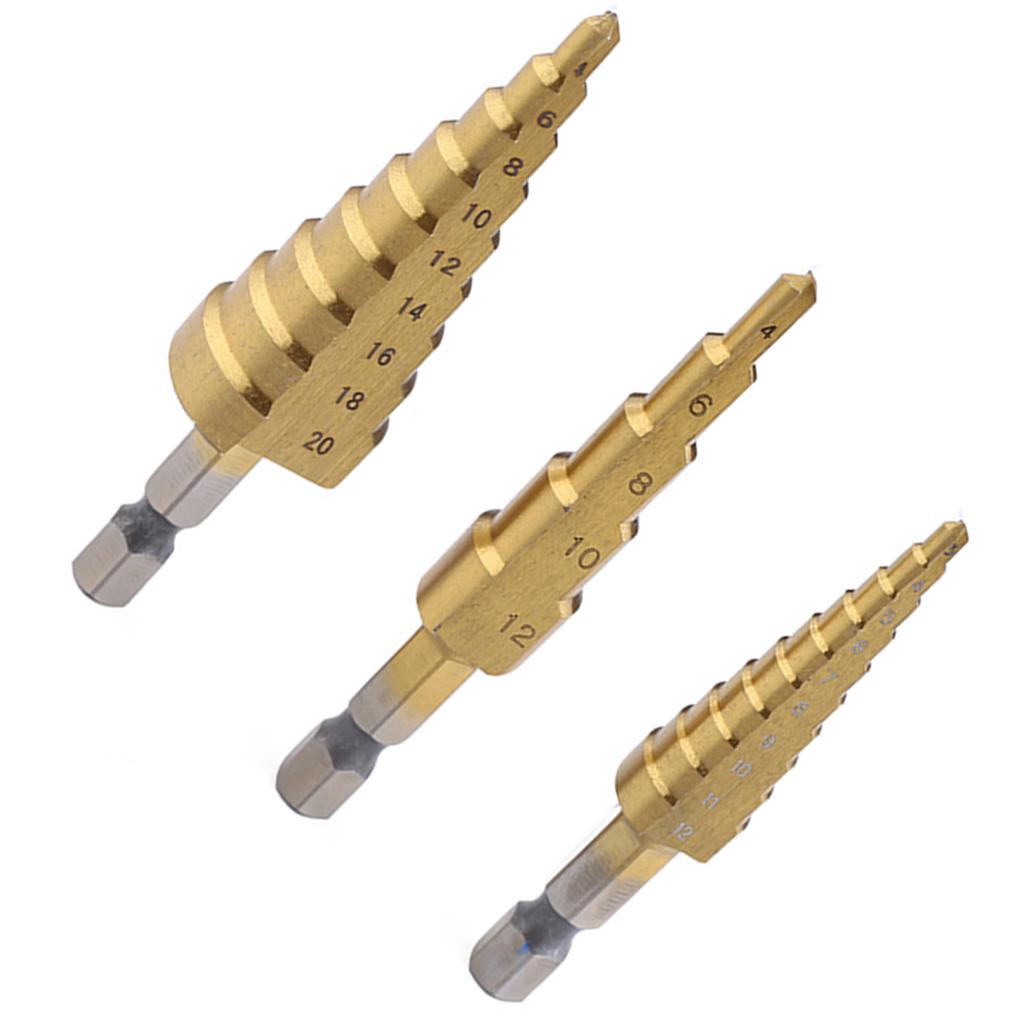3pcs Step Titanium Cone Drill Hole Cutter Bit Set Tool Triangular Shank Set