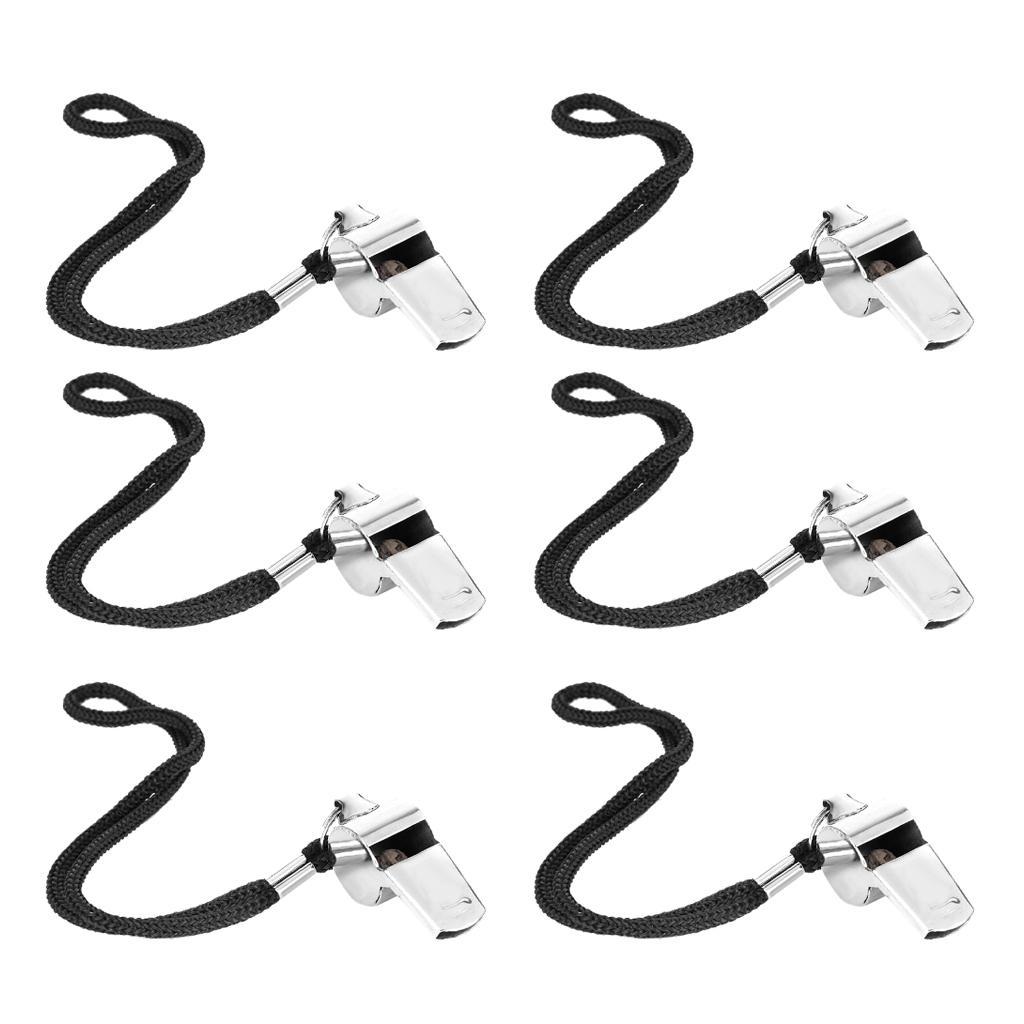 6 x Stainless Steel Sports Training Referee Whistle with Lanyard