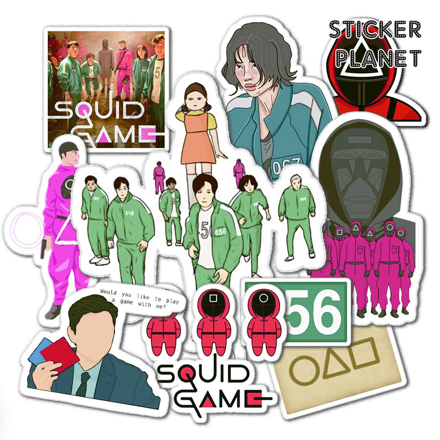 Bộ Sticker SQUID GAME Trò Chơi Con Mực chống nước, decal hình dán mũ bảo hiểm, laptop, ipad, vali, đàn