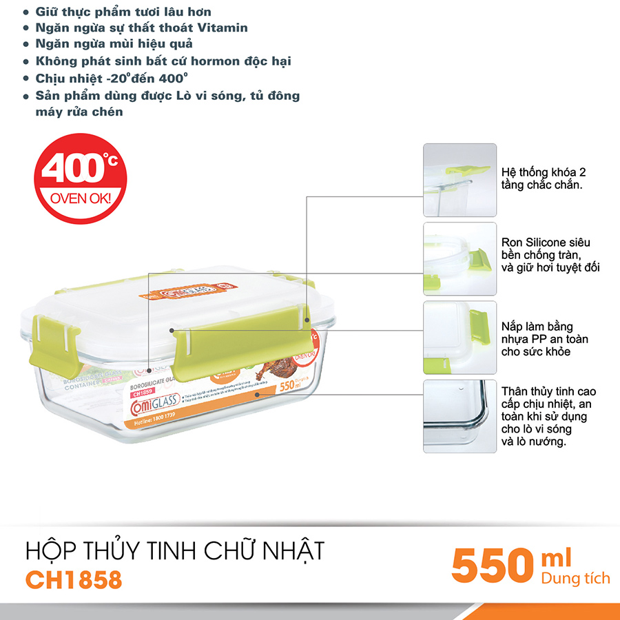 Bộ 3 hộp đựng thuỷ tinh hình chữ nhật Comet CH1858 – 550ml