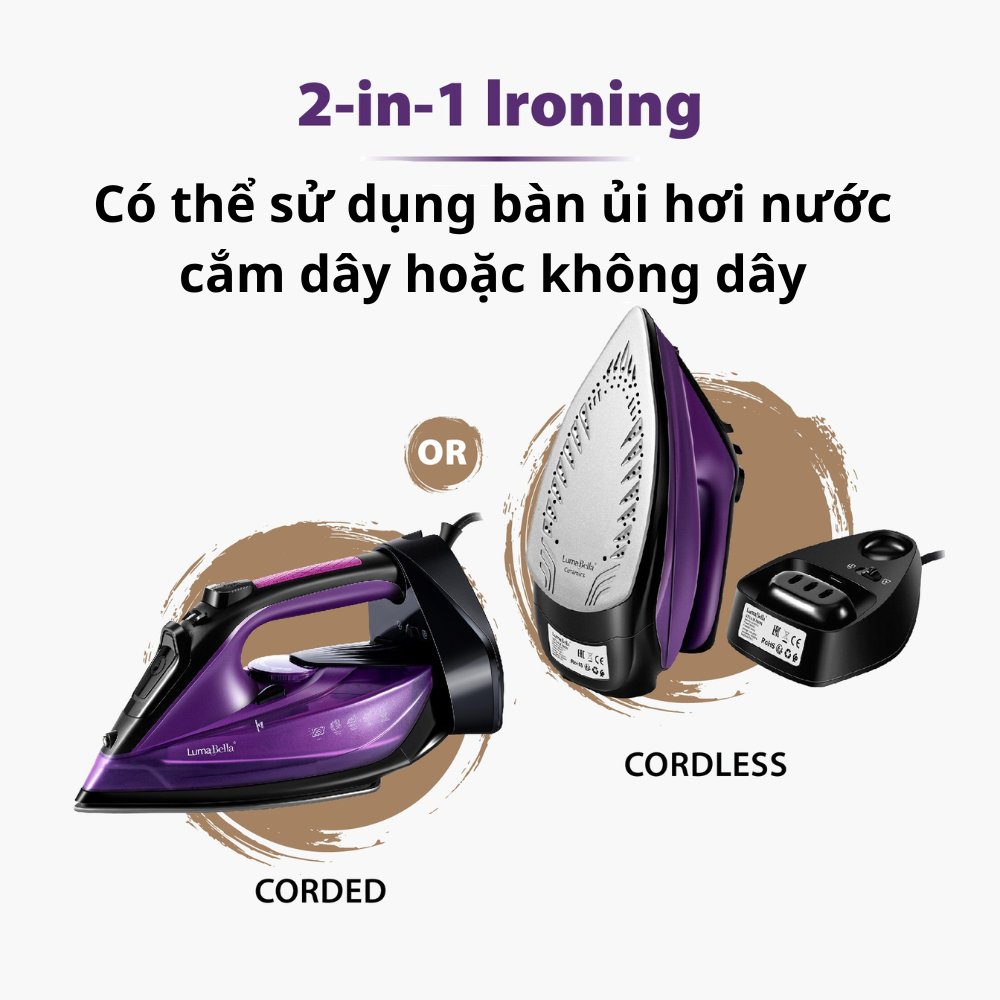Bàn là, bàn ủi hơi nước cầm tay Lumabella LB-61013 công suất 2200W, mặt bàn ủi chống dính sử dụng với mọi vải - HÀNG CHÍNH HÃNG