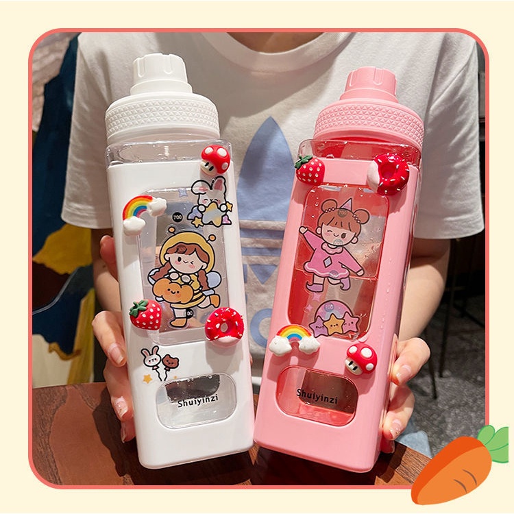 Bình nước đi học cute to hình vuông cỡ lớn dung tích 700ml có ống hút bằng nhựa không BPA tặng kèm sticker