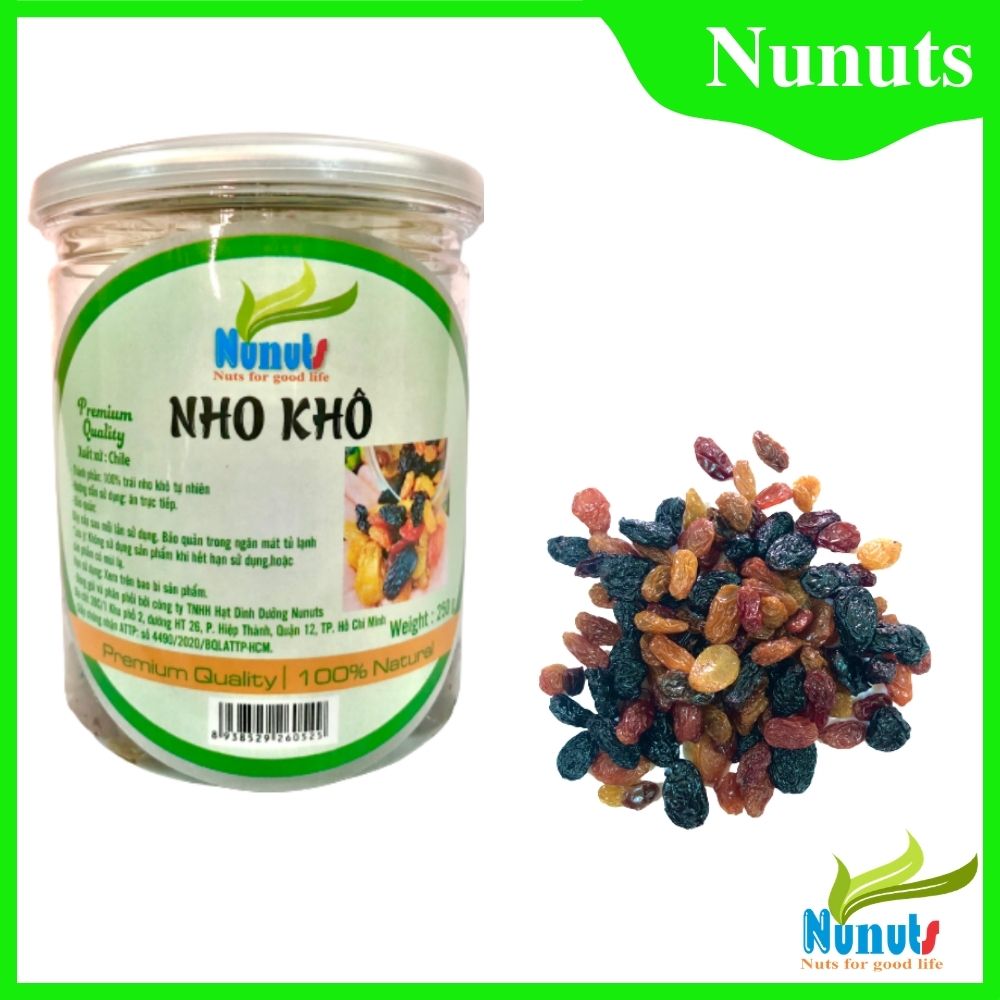 250g Nho khô hữu cơ Nunuts, nho khô thập cẩm 3 vị ( nho đen, nho đỏ, nho vàng) vị ngọt ngọt chua chua tự nhiên, không tẩm ướp đường.