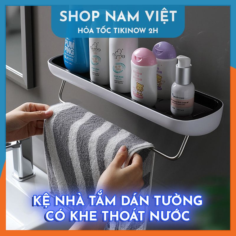 Kệ Để Đồ Nhà Tắm Dán Tường, Có Móc Treo Khăn, Khe Thoát Nước - Kệ Nhà Tắm - Đen