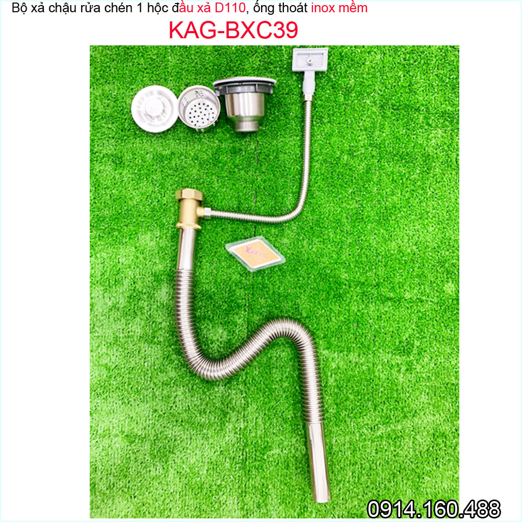 Bộ xả chậu rửa chén 1 hố KAG-BXC39 chậu lỗ thoát D110, bộ ống thoát bồn rửa bát 1 hộc chất liệu SUS304 siêu bền thoát nước nhanh sử dụng tốt