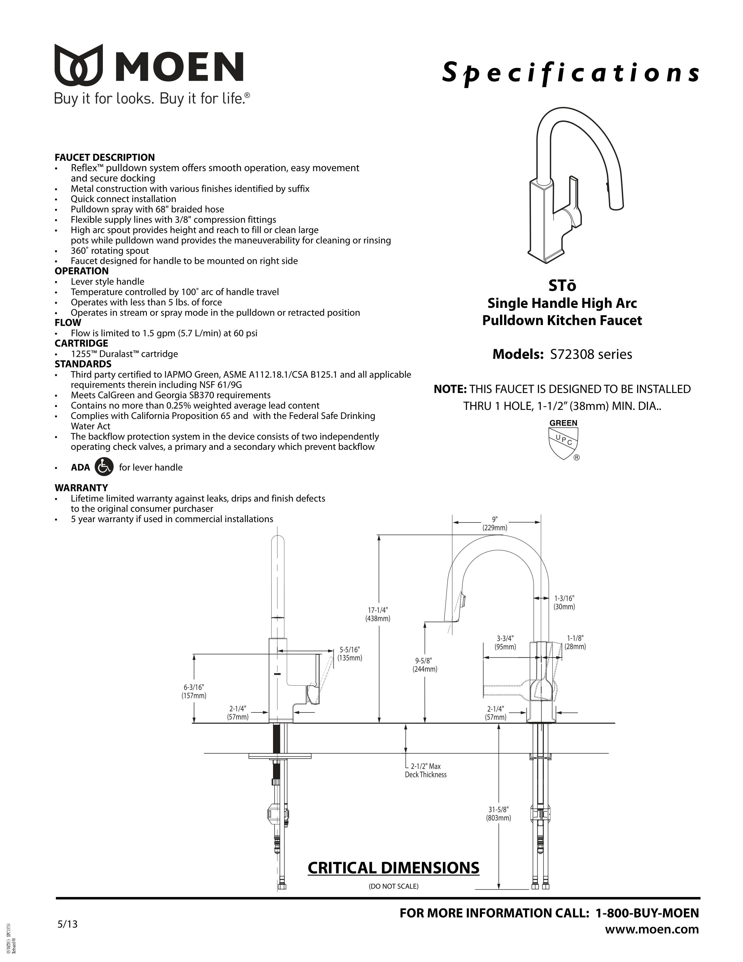 Vòi rửa chén dây rút MOEN S72308BL (HÀNG CHÍNH HÃNG)