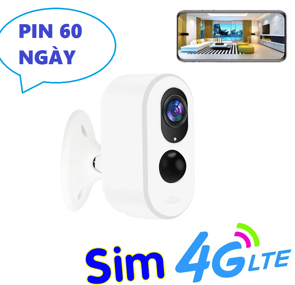 Camera Sim 4G PIN 60 Ngày FullHD 1080P Siêu Nét Góc 170 Độ - PIN 60 Ngày Quan Sát Báo Động Chống Trộm Chế Độ PIR Hồng Ngoại Đen -Chống Nước IP66