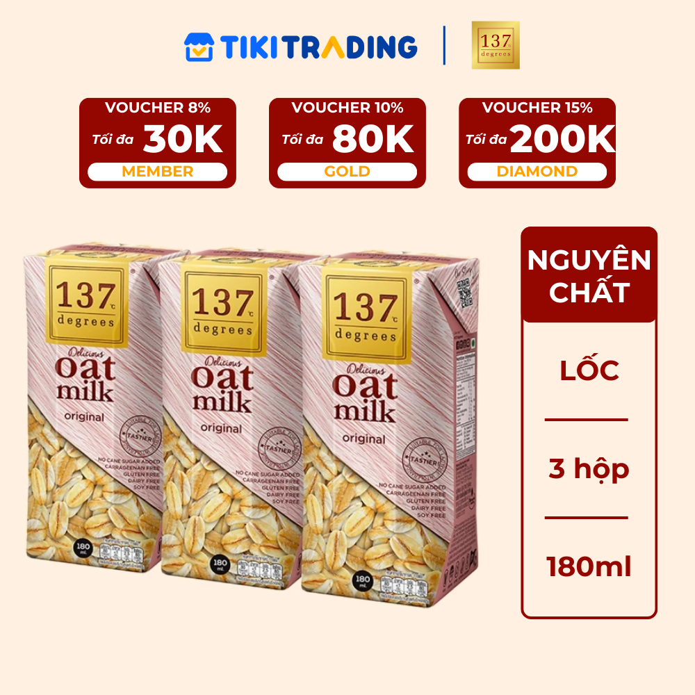 Lốc 3 hộp Sữa hạt Yến mạch Nguyên chất 137 DEGREES 180ml