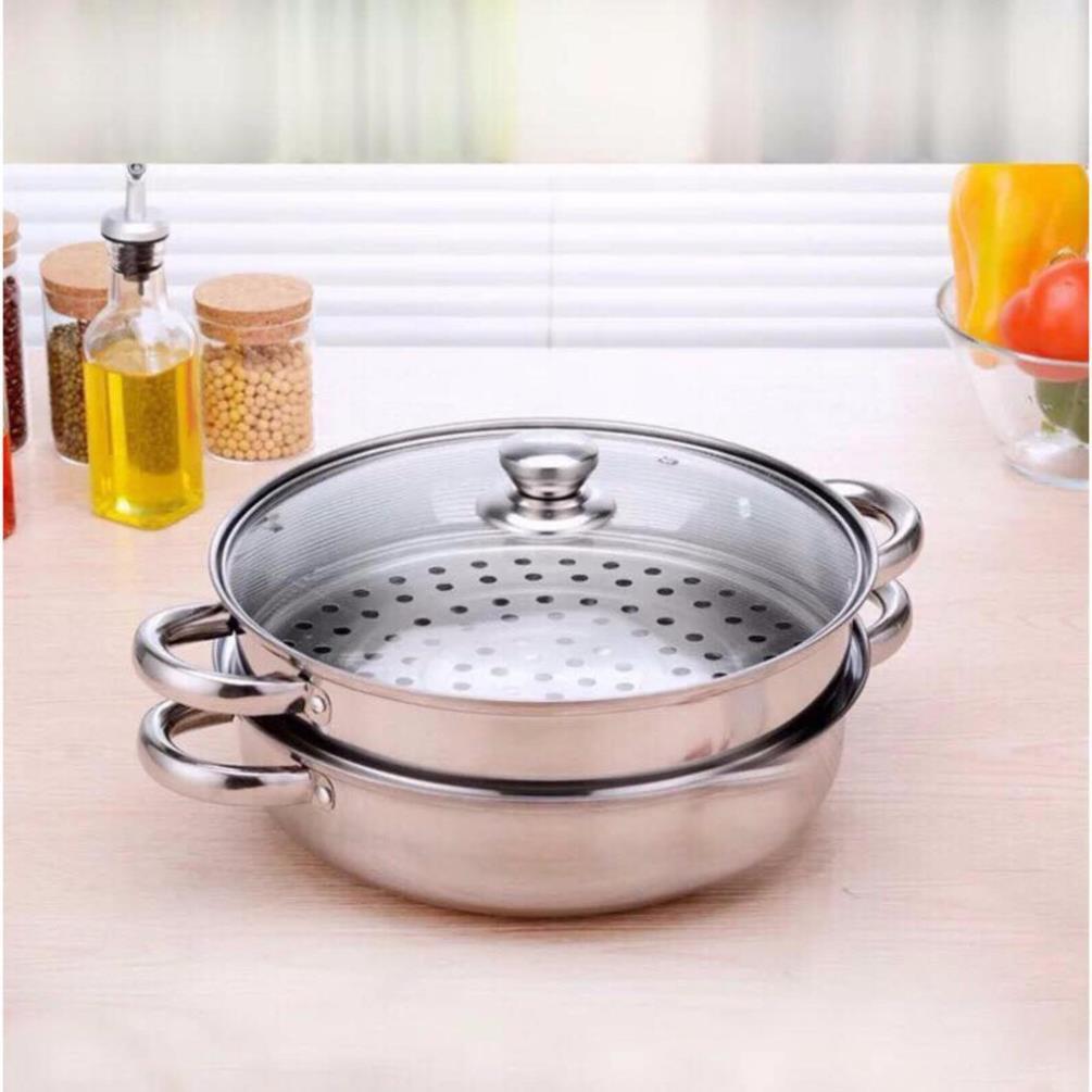 Nồi Hấp Inox 2 Tầng Hotpot Size 28cm Vung Kính Cao Cấp Dùng Cho Nhiều Loại Bếp - BH 12 THÁNG