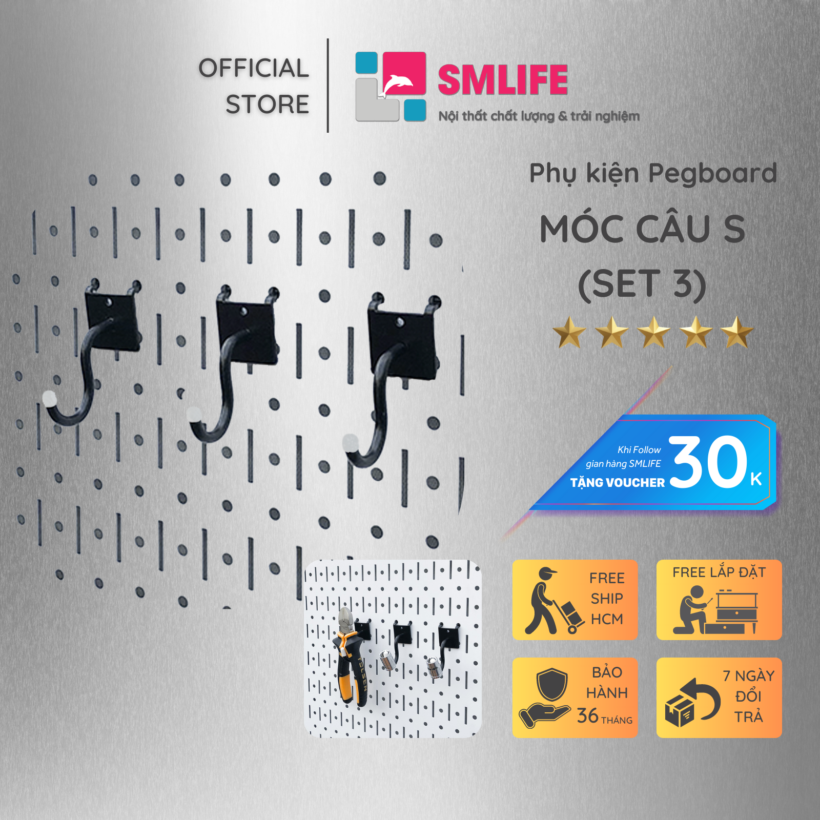 Bộ 3 móc câu S Pegboard bằng thép sơn tĩnh điện hiện đại - Phụ kiện cho bảng treo dụng cụ cơ khí