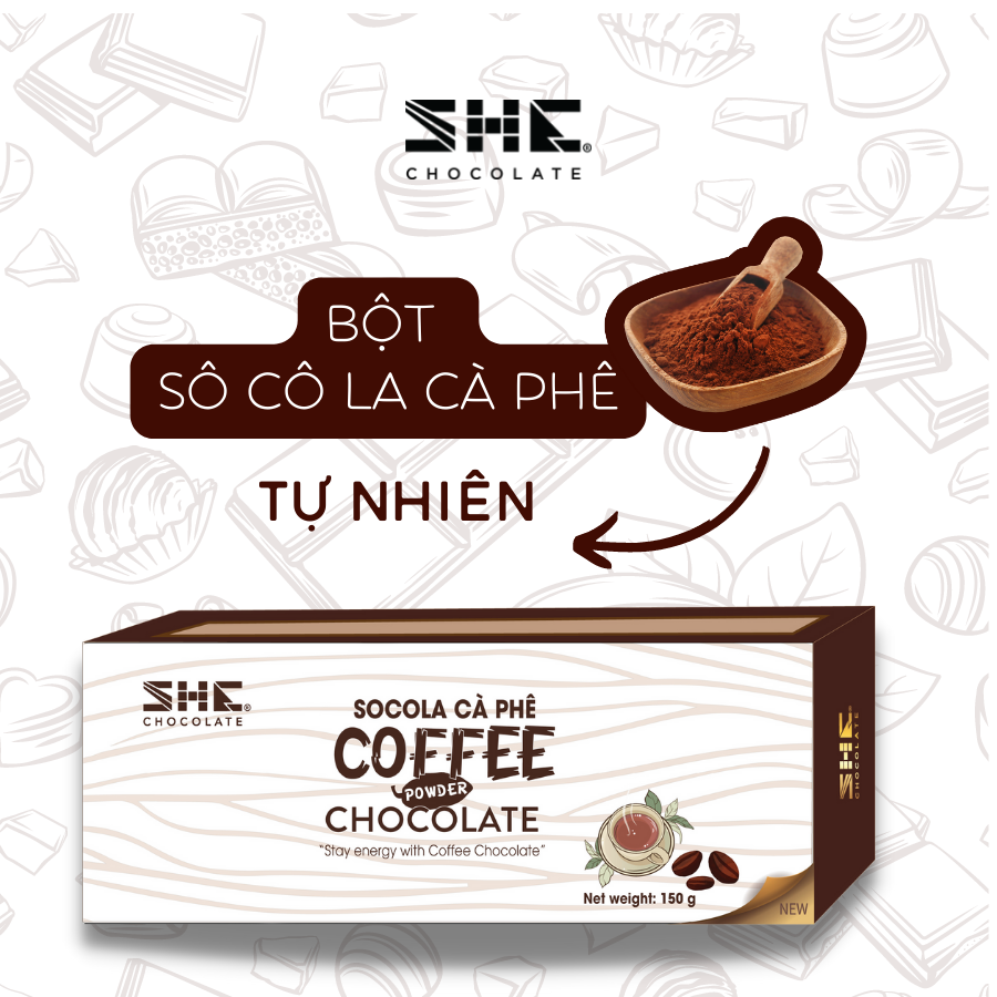 Socola bột Cà phê - Hộp 150g - SHE Chocolate. Hương vị đậm đà, bổ sung năng lượng và giúp tỉnh táo. Quà tặng người thân, dịp lễ