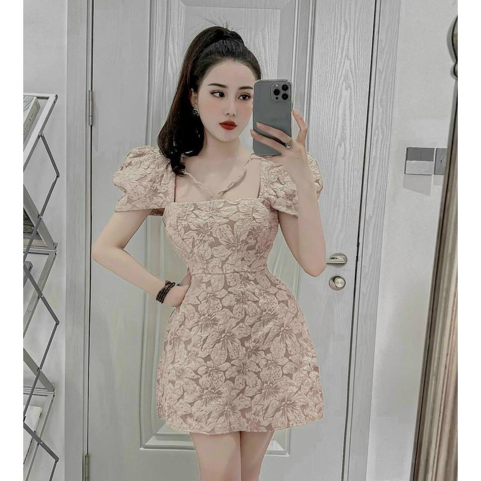 FREE SHIP Đầm Váy Nữ Chất Liệu Gấm Tay Phồng Cổ Vuông Phối Dây Kéo Cao Ngực Thiết Kế Sang Chảnh KIM GIA DS