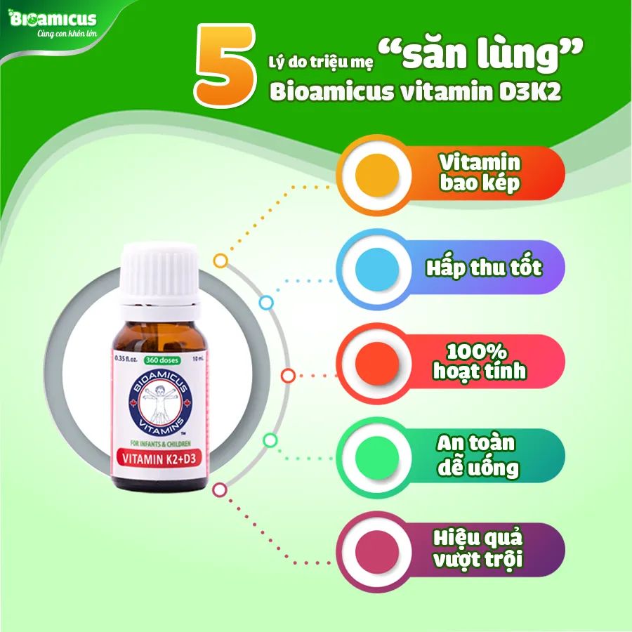 BioAmicus Vitamin K2+D3 MK7 - Made in Canada - Hỗ Trợ Chống Còi Xương, Tăng Chiều Cao Tối Đa Cho Trẻ Sơ Sinh Và Trẻ Nhỏ (Chai 10ml)