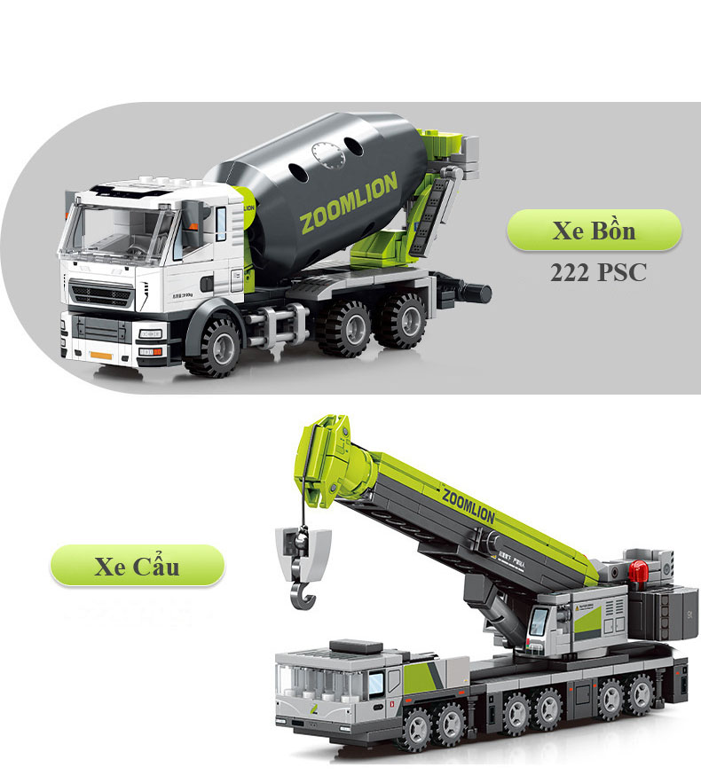 Đồ Chơi Mô Hình, Bộ Đồ Chơi Lắp Ghép Xếp Hình Xe Bồn Xe Cẩu Máy Xúc Máy Ủi Với 220+ PSC
