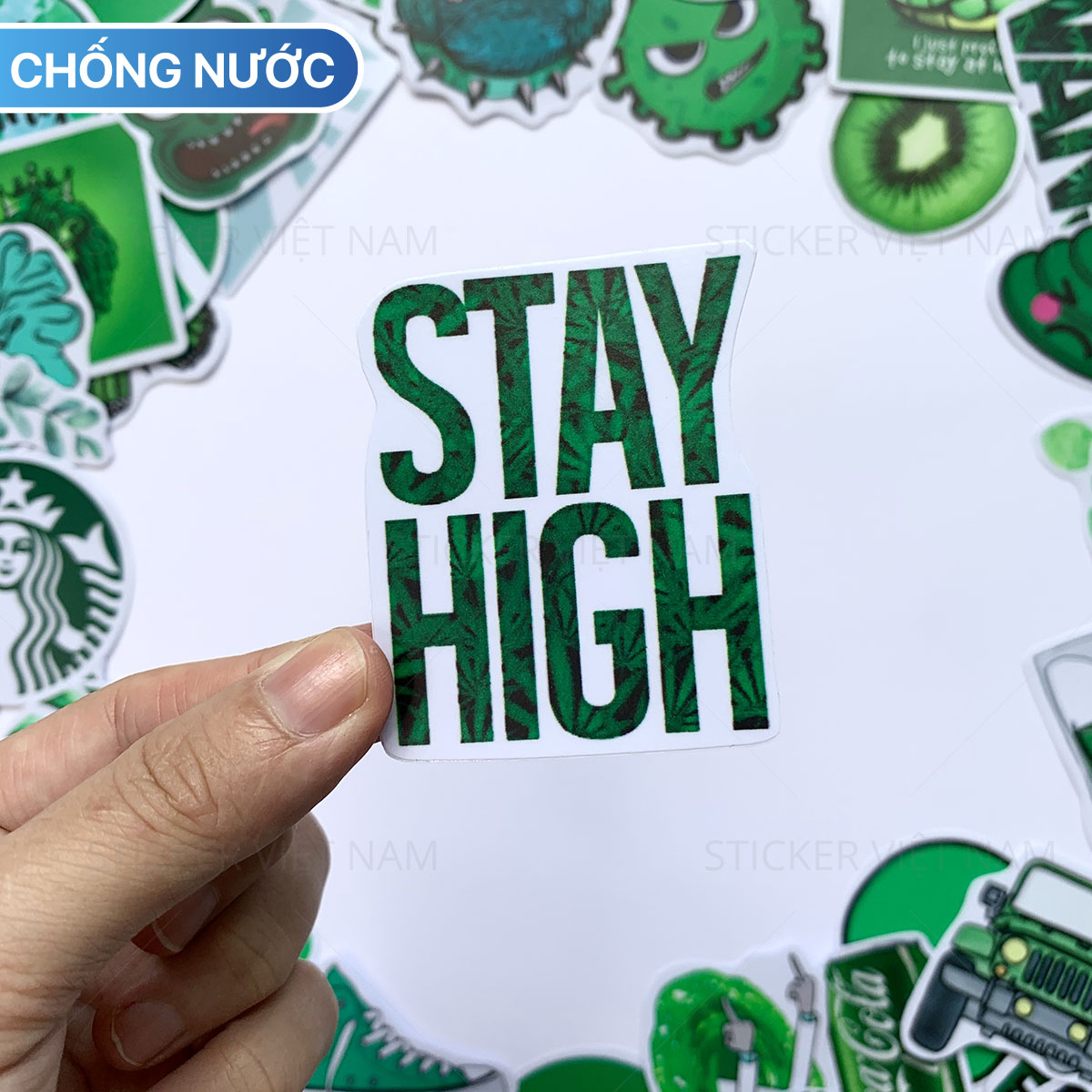 Sticker Màu Xanh Lá Green - Chất Liệu PVC Chất Lượng Cao Chống Nước - Kích Thước 4-8cm