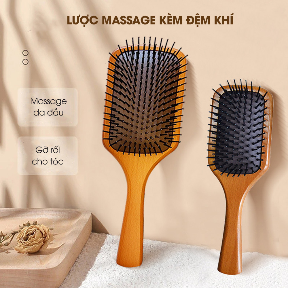 Lược chải tóc, lược gỡ rối CWELL chất liệu gỗ sồi cao cấp, lược massage đầu có đệm khí thư giãn, đủ size C03PK