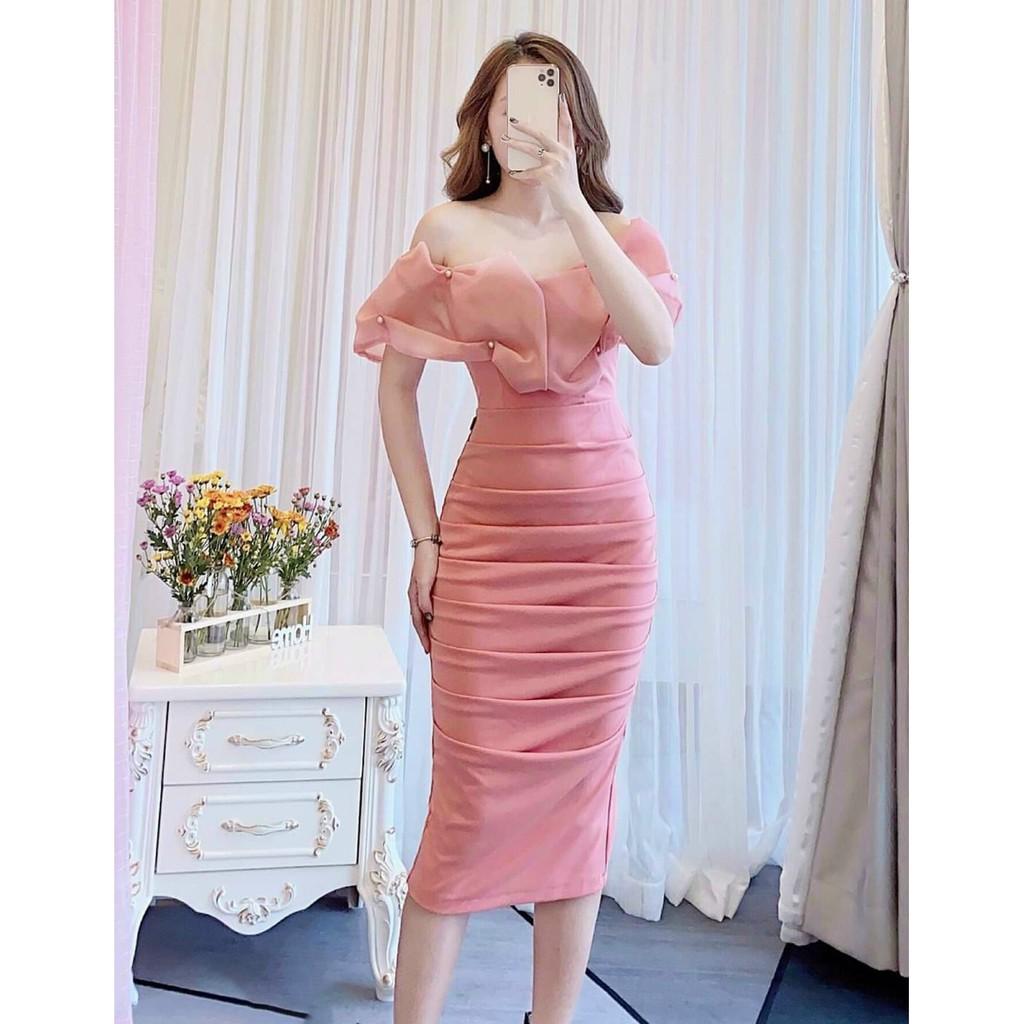Đầm Nữ Ôm Body Phối Voan Xếp Ly Kết Cườm
