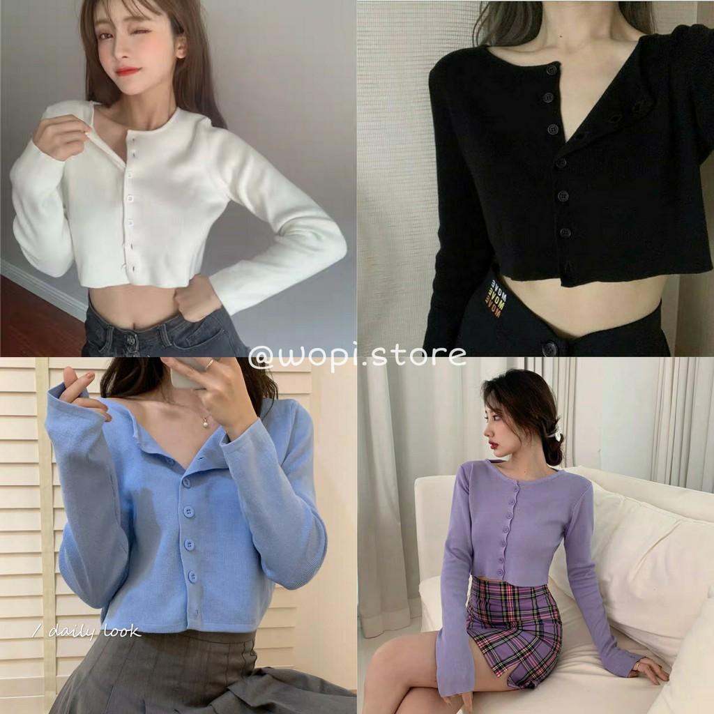 Áo Croptop YAN Cổ Tim Tay Dài Phối Khuy Unisex (7 MÀU