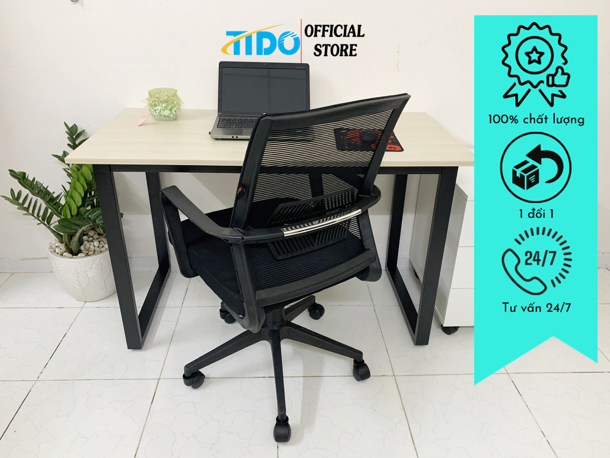 Bàn Làm Việc Chân Sắt Chữ U Đơn Giản - Thương Hiệu Tido - Mặt 17Mm Mdf Melamine - Chân Sắt Hộp Tĩnh Điện 25X50Mm - Thùng Full Phụ Kiện - Đen - Gỗ Sáng - 120 X 60 X 75 Cm