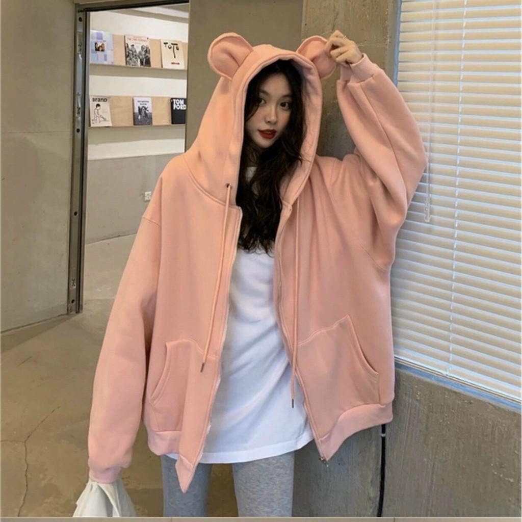 Áo khoác hoodie chống nắng nón Tai Thỏ form rộng , dành cho nữ chất nỉ ngoại Có Dây Kéo Unisex ulzzang