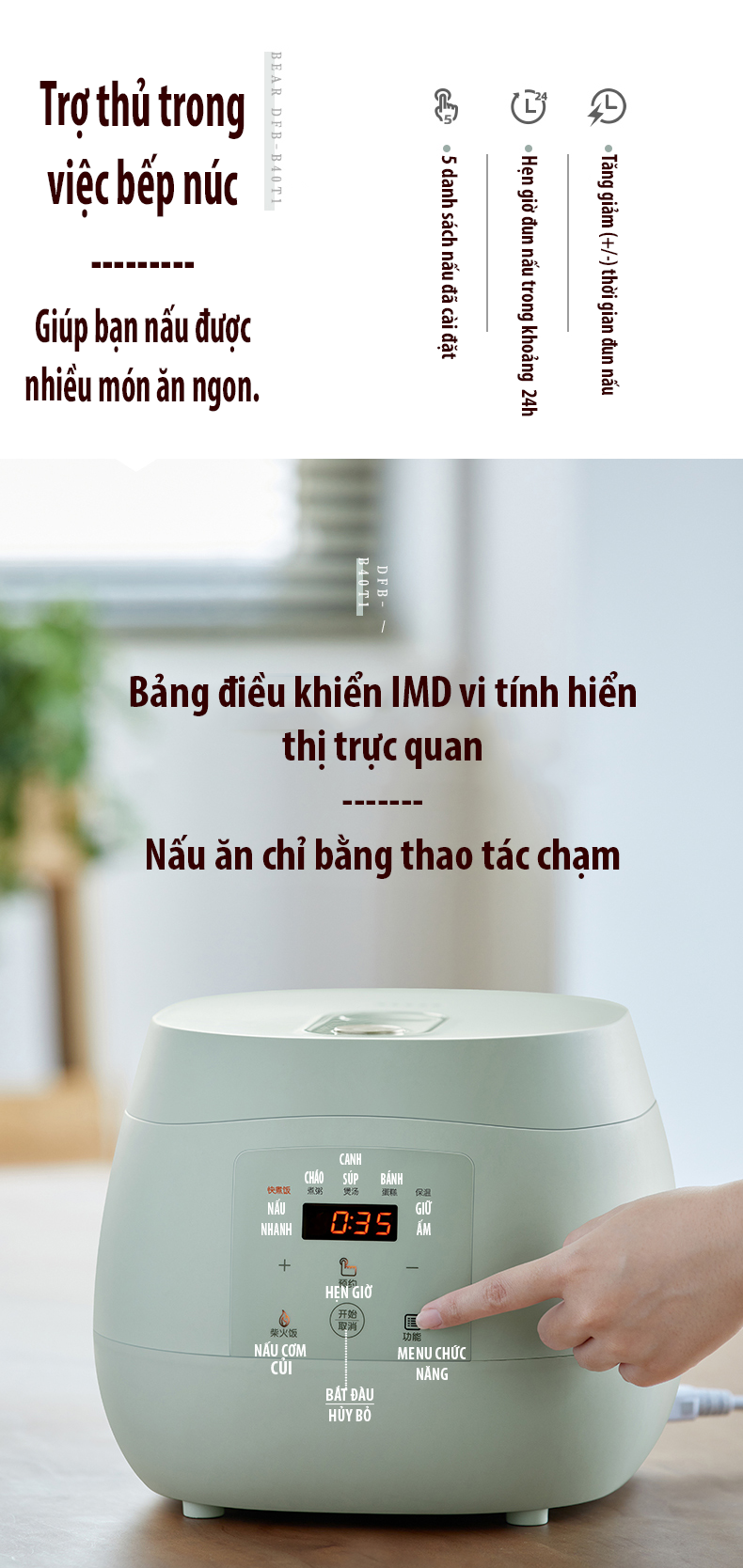 Nồi cơm điện đa năng 4L nấu cơm, canh, lẩu, mỳ,... phục vụ bữa ăn 2-12 người B40T1HC