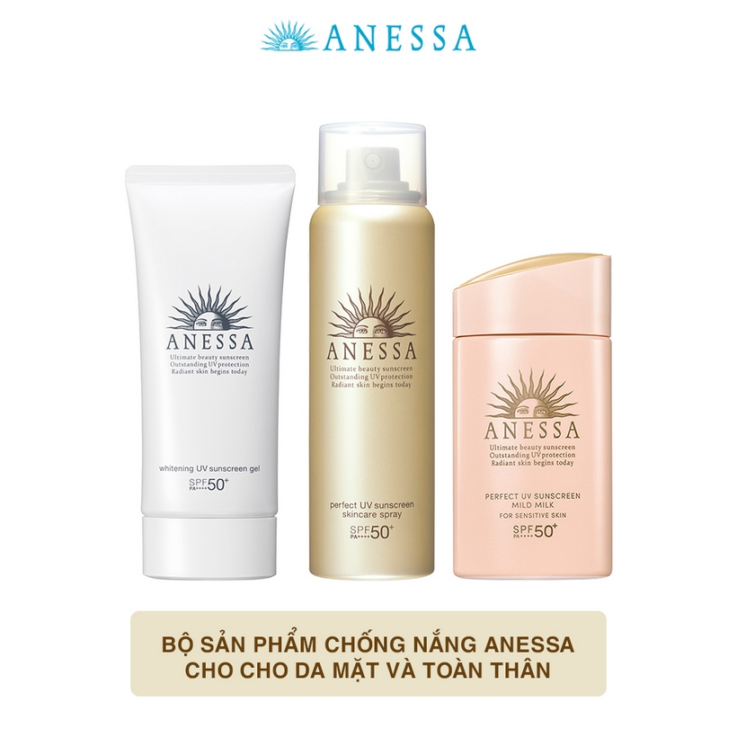 Bộ sản phẩm Kem chống nắng cho da mặt và toàn thân (Anessa Mild Milk 60ml + Brightening Gel 90g + Gold Spray 60g)