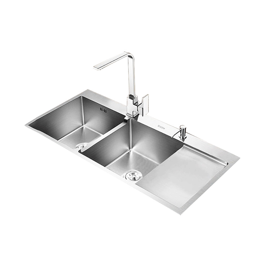 Bồn rửa chén 2 ngăn đều liền khay inox304 thường Navier NV-10048C