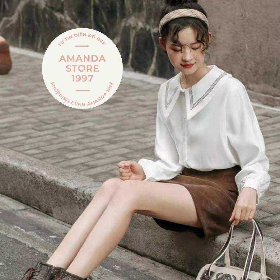 {Amanda}Áo sơ mi babydoll dài tay bồng chất tơ nhung mềm mịn. Áo sơ mi cổ bèo phối viền 2 màu trắng be hothit