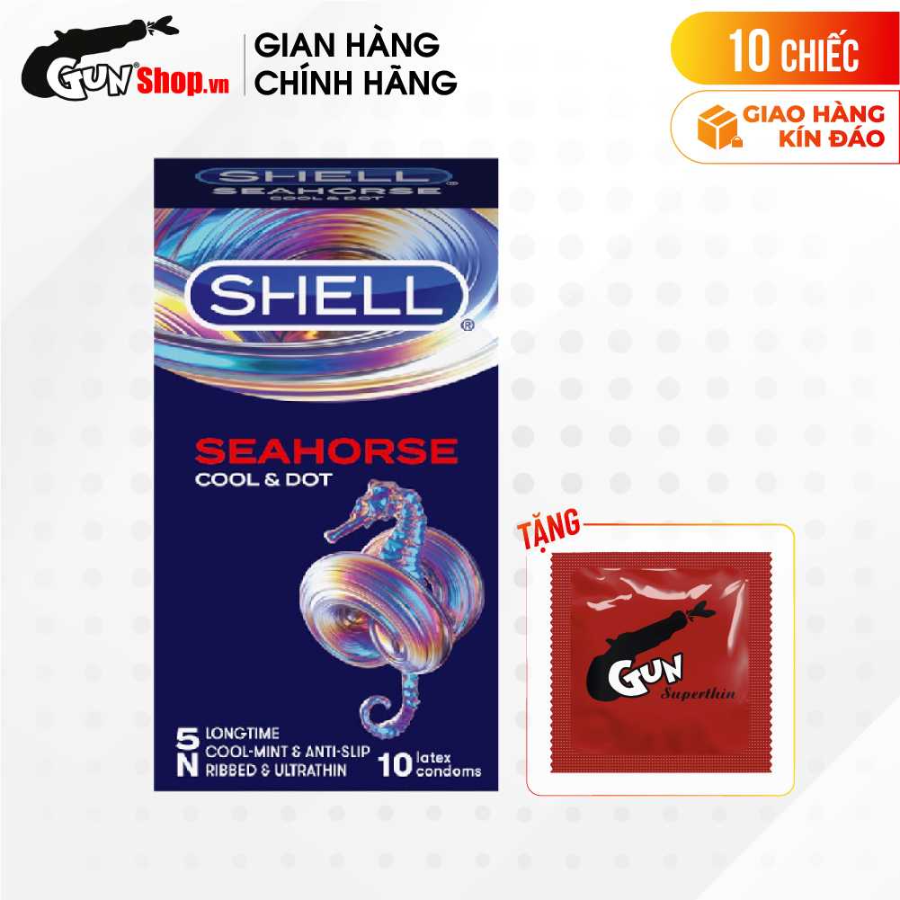 [Hộp 10 cái] Bao cao su Shell Seahorse - Kéo dài thời gian kèm 1 chiếc BCS Gun Super Thin