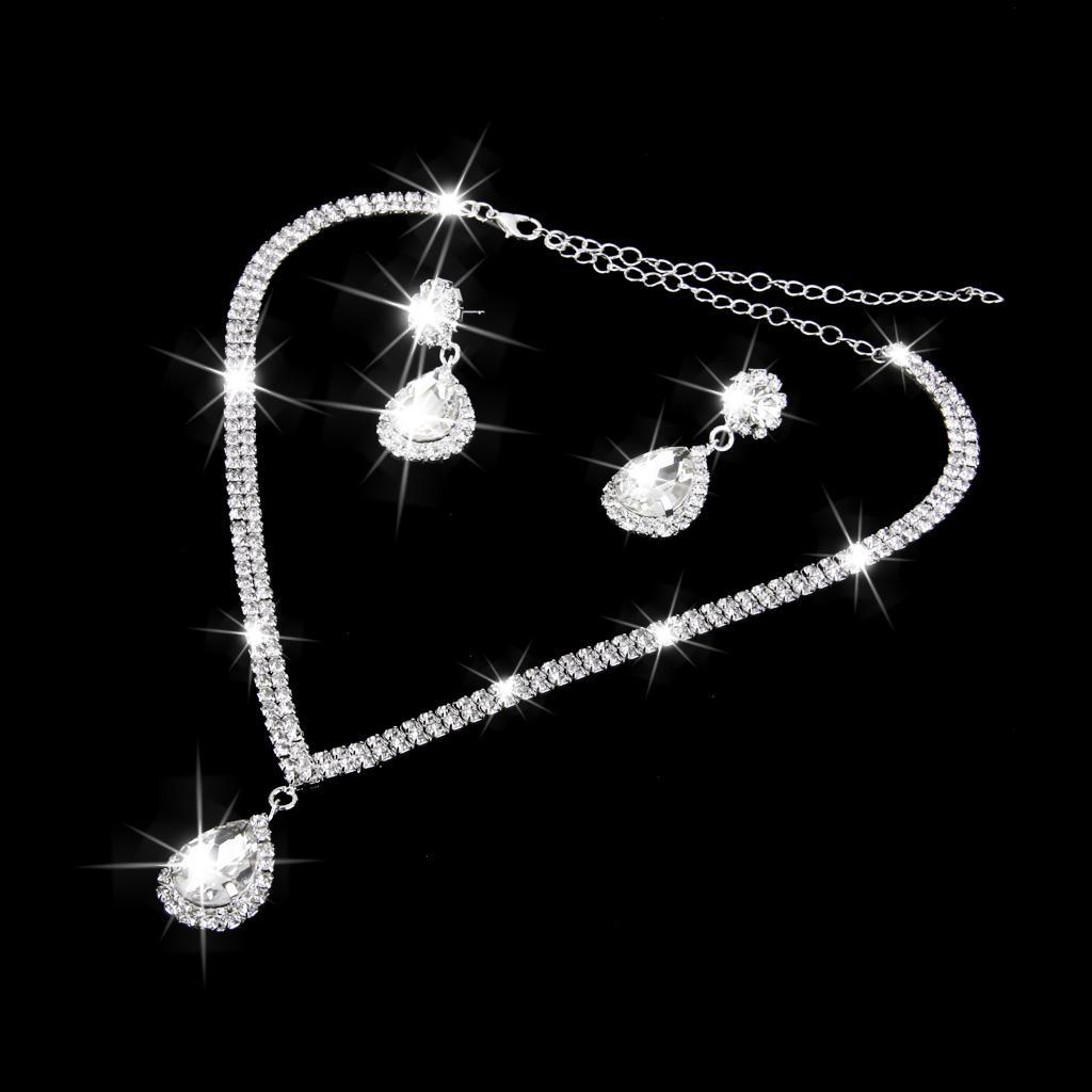 Wedding Prom Bridal Crystal Diamante Tear Drop Necklace Earrings Jewelry Set