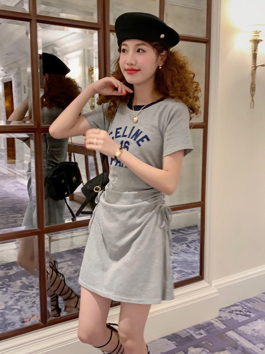 SHUANGYAN Pháp ăn mặc giản dị trăm phù hợp retro học viện phong cách váy đụng màu váy vừa vặn khí chất thắt lưng lộ vẻ gầy in váy