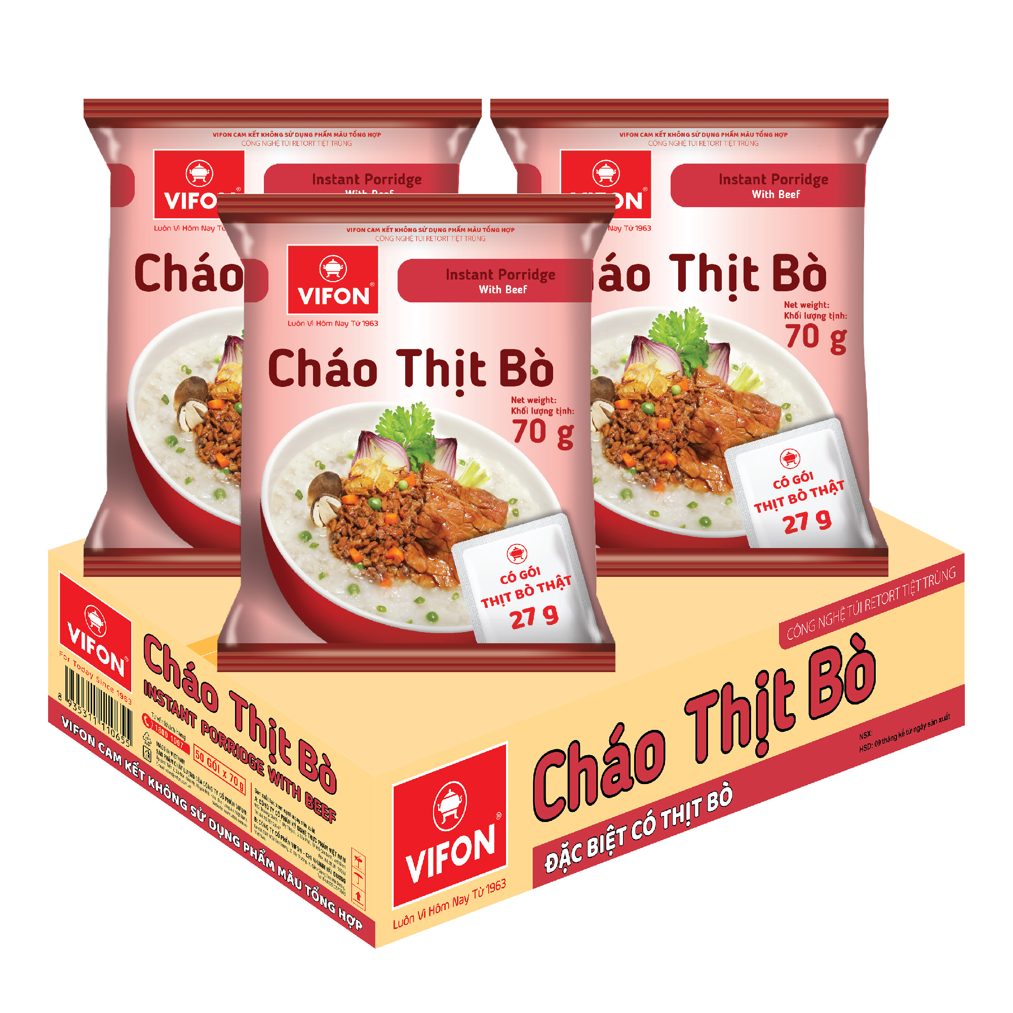 Thùng 50 Cháo Thịt Bò VIFON có Gói Thịt Thật 27gr  (70g / Gói)