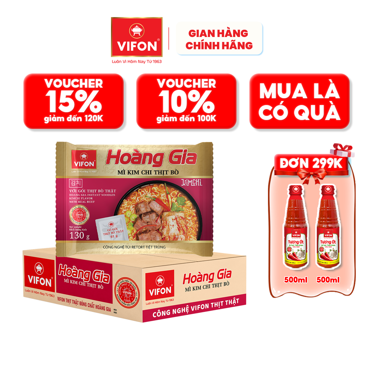 Thùng 18 Mì Kim Chi Thịt Bò Hoàng Gia Vifon 130Gr Gói - Thùng 18 Gói