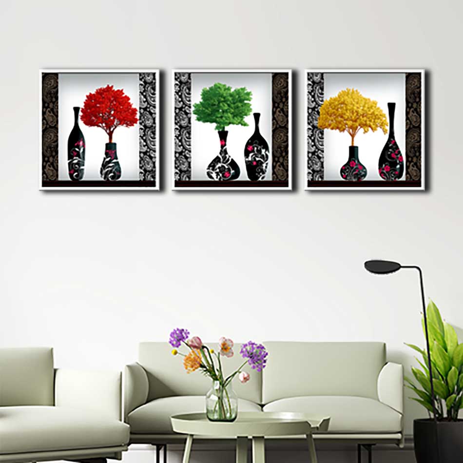 Bộ 3 tranh canvas treo tường Decor Họa tiết bình hoa cách điệu hoa văn - DC186