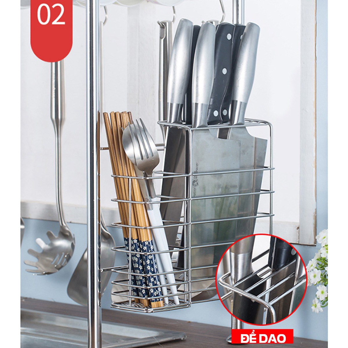 Kệ để đồ nhà bếp 2 tầng BLK20 full inox có giá dắt dao, đũa, thìa, có khay để dụng cụ rửa bát và móc treo