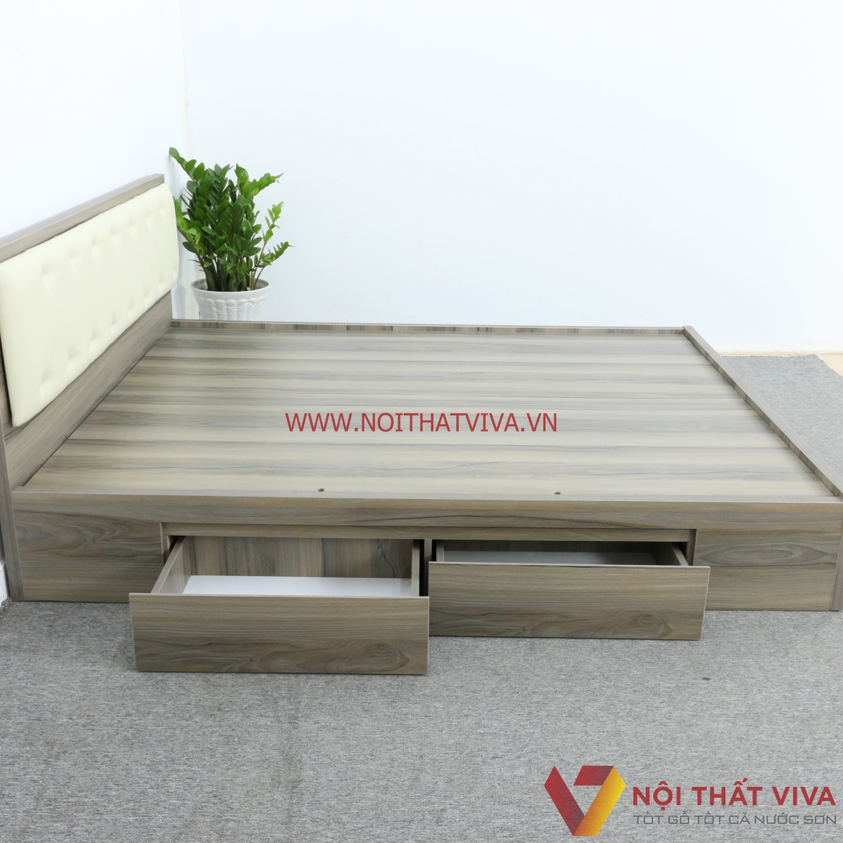 Giường Ngủ Gỗ Mdf Phủ Melamine Bọc Nệm Có Ngăn Kéo Màu Nết + Trắng