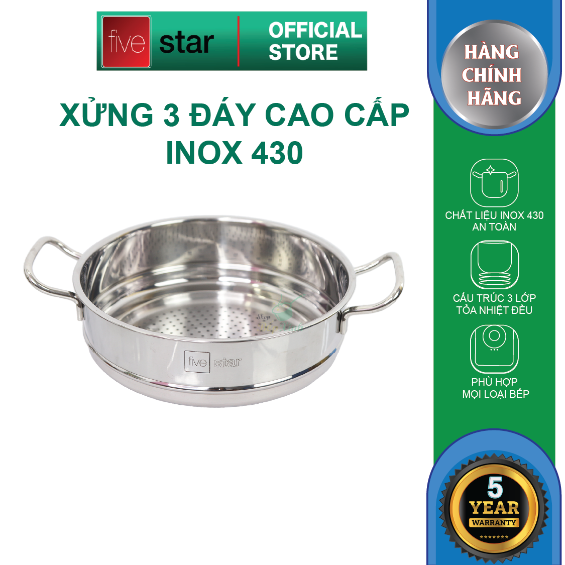 Bộ Nồi Chảo 3 Đáy Inox 430 Cao Cấp Fivestar Standard 6 món nắp kính , tặng 5 muỗng ăn