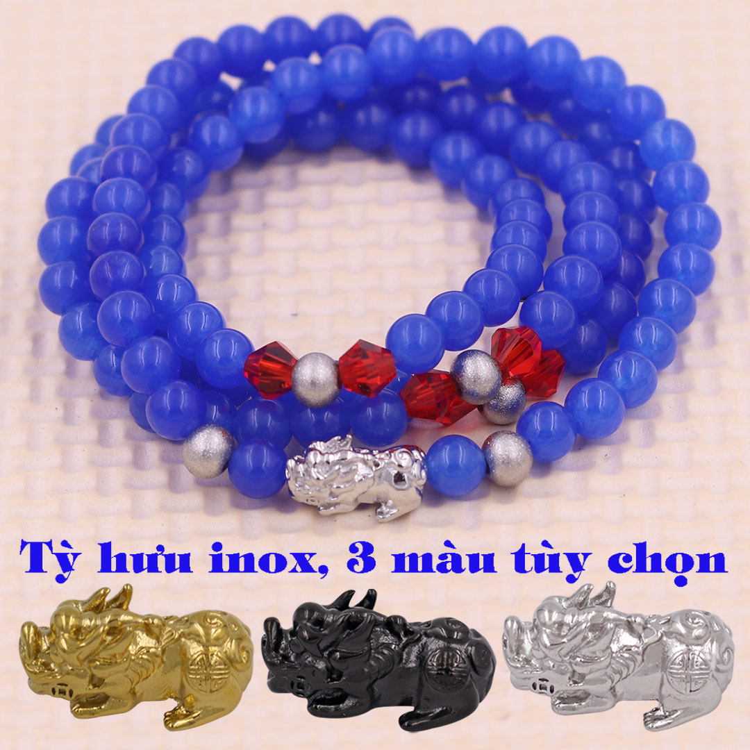 Vòng chuỗi 108 hạt Đá Thạch anh Xanh dương charm tỳ hưu inox - Chuỗi hạt 6 ly, 8 ly - Vòng chuỗi niệm Phật Bình an, May mắn - Mệnh Thủy, Mộc