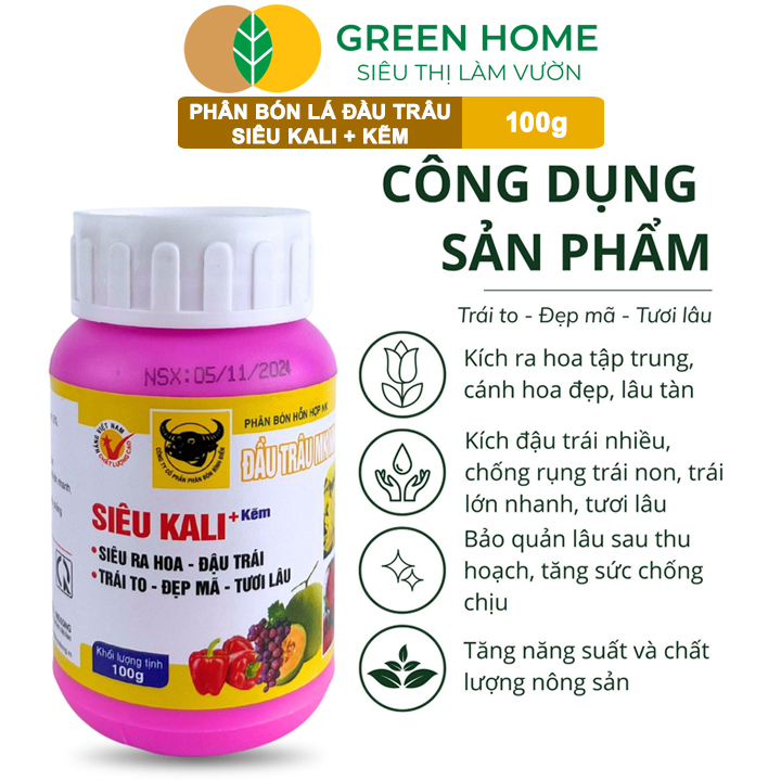 Phân Bón Lá Đầu Trâu Siêu Kali + Kẽm GreenHome, Hũ 100gr, Siêu Ra Hoa, Đậu Trái, Trái To, Đẹp Mã