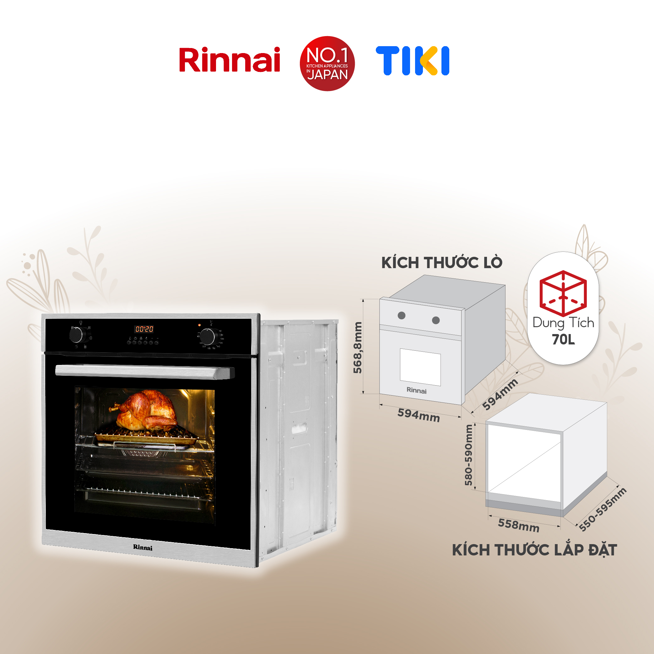 Lò nướng điện âm tủ Rinnai RO-E6206XA-EM dung tích 70L 2875W - Hàng chính hãng.