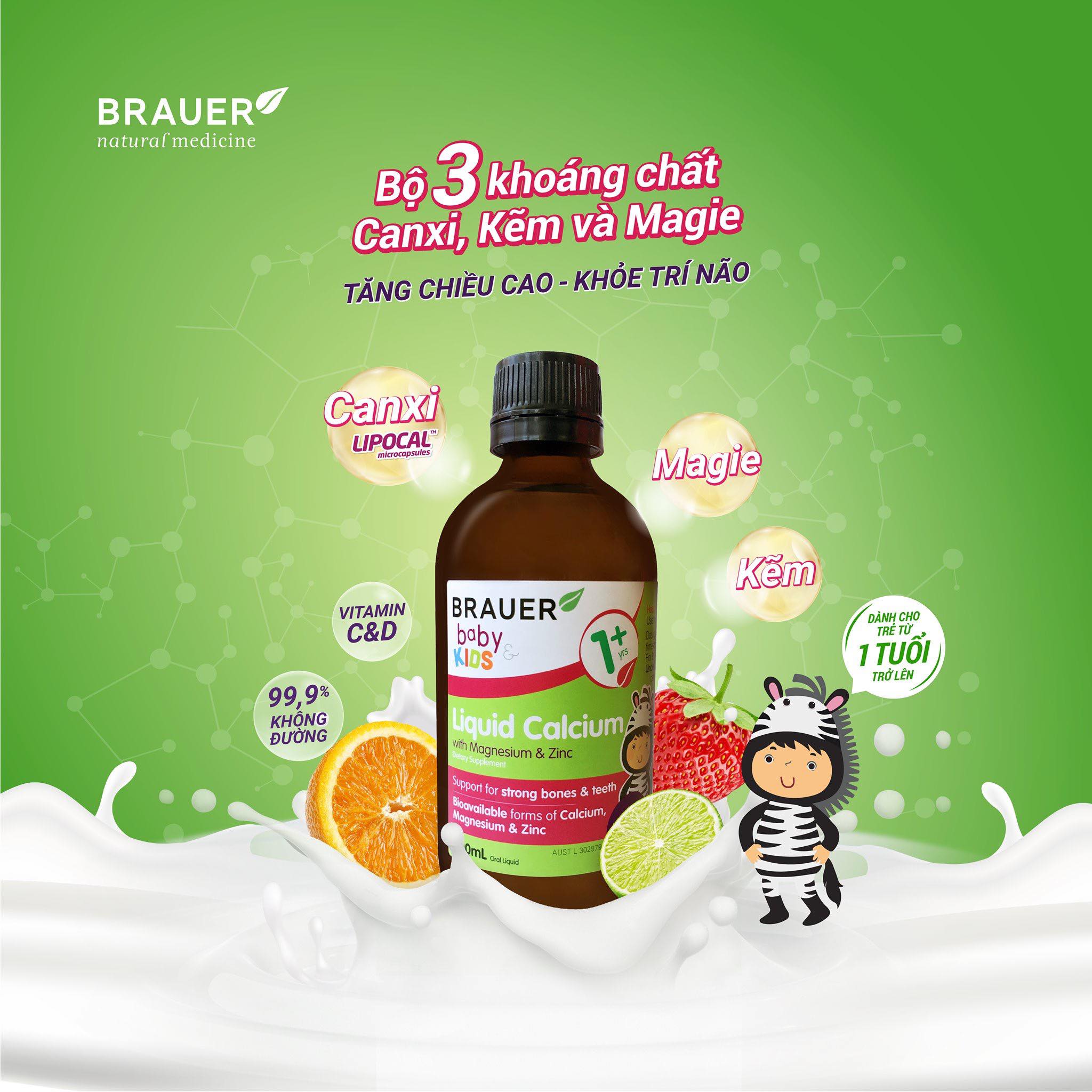 Siro Brauer Baby &amp; Kids Liquid Calcium With Magnesium &amp; ZinC bổ sung Canxi, Magie và Kẽm cho trẻ trên 1 tuổi (200ml) - Nhập khẩu Úc