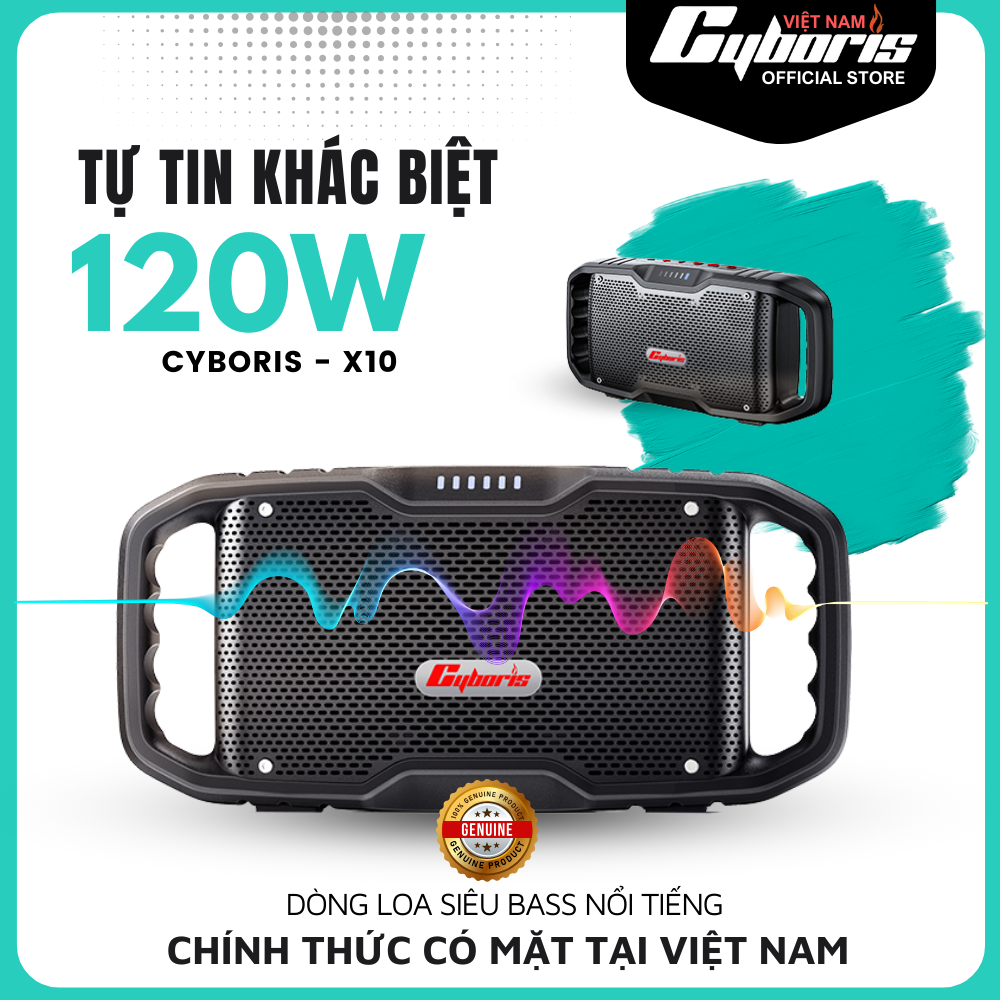 Loa Nghe Nhạc Bluetooth Cyboris X10, Loa siêu Bass, Công suất 120W, Chống nước IPX6, Pin cực khủng 10000mAh. Hàng Chính Hãng.