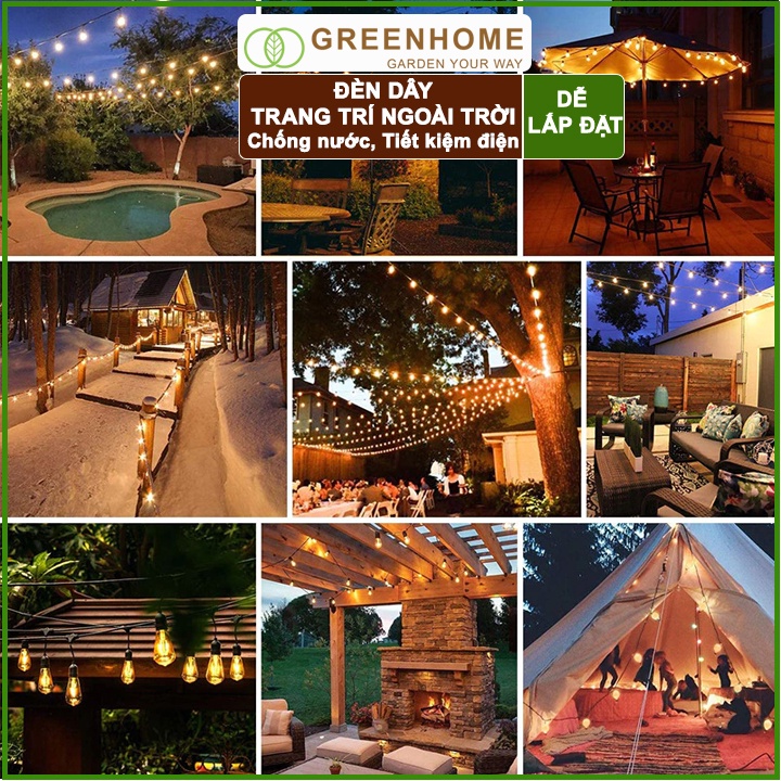 Dây Đèn Led Ngoài Trời Greenhome Bộ 5m +10 Bóng 3W, Màu Vàng Ấm, Chống Nước, Trang Trí Ban Công, Sân Vườn, Quán Cafe