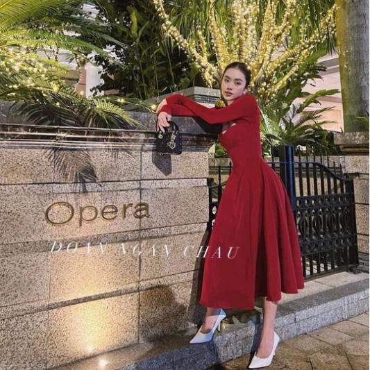 Đầm Đỏ xoè dài tuyết thái tay dài khoét ngực đi biển dự tiệc dạo phố bigsize gợi cảm sexy
