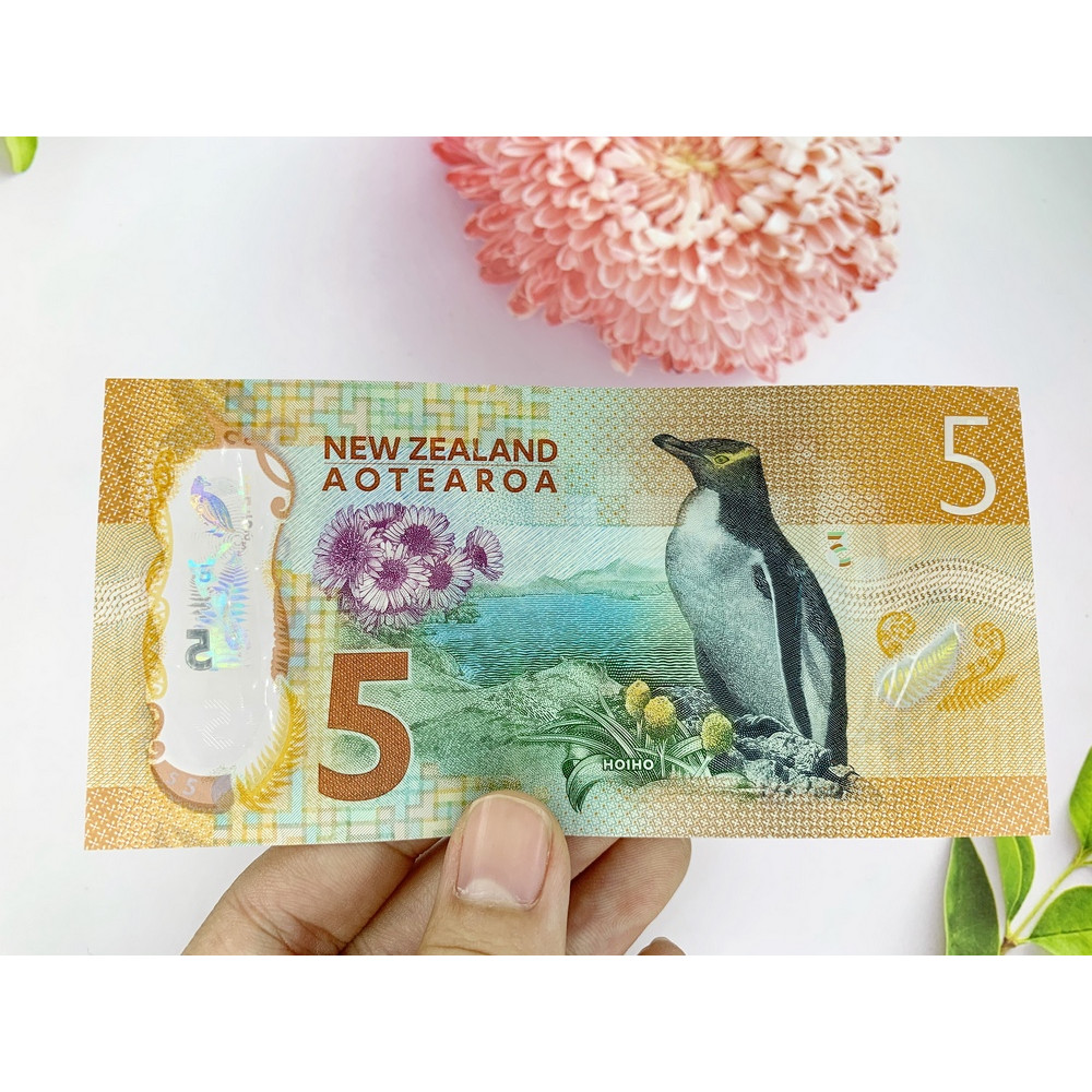 Tiền 5 Dollar của New Zealand hình chim cánh cụt , tiền Polyme , tặng phơi nylon bảo quản tiền