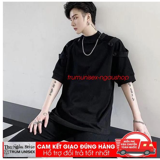 Áo thun Stee nam tay lỡ unisex form rộng overtee Nút áo trên vai màu trắng và đen chất vải cotton xịn Trumunisex