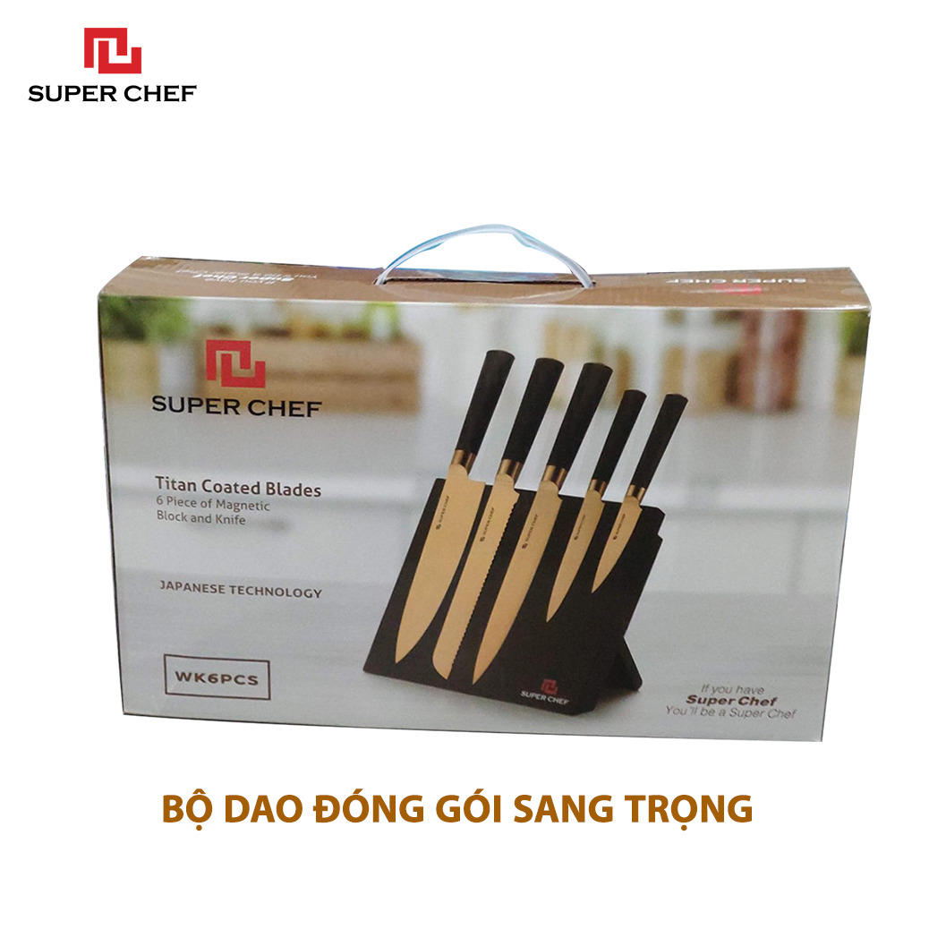 Bộ Dao Bếp Mạ Titan Cao Cấp Chính Hãng Super Chef Bằng Thép Không Gỉ, An Toàn Sức Khỏe, Sắc Bén, Siêu Bền Bỉ Lâu Cùn,Đa Năng Siêu Tiện Lợi Kèm Theo Giá Đỡ Dao Sang Trọng