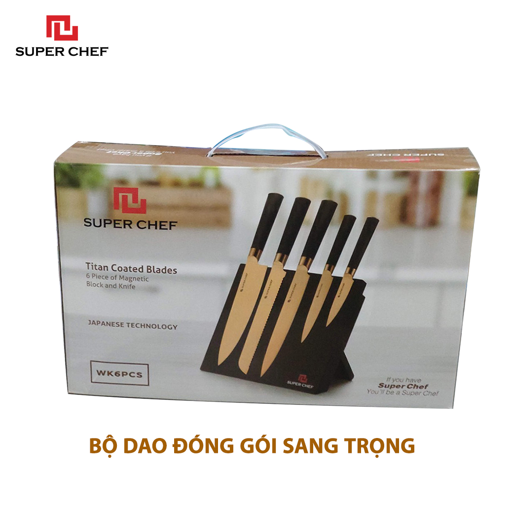 Bộ Dao Bếp Mạ Titan (5 cái) Cao Cấp Chính Hãng Super Chef Bằng Thép Không Gỉ, An Toàn Sức Khỏe, Sắc Bén, Siêu Bền Bỉ Lâu Cùn,Đa Năng Siêu Tiện Lợi Kèm Theo Giá Đỡ Dao Sang Trọng